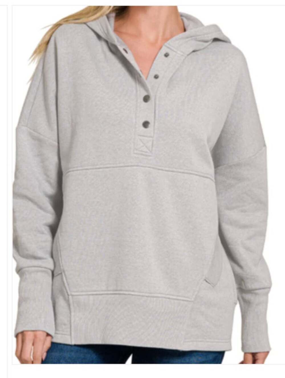Zenana Small Half Snap Hooded Sweatshirt Grey Pullover Cozy